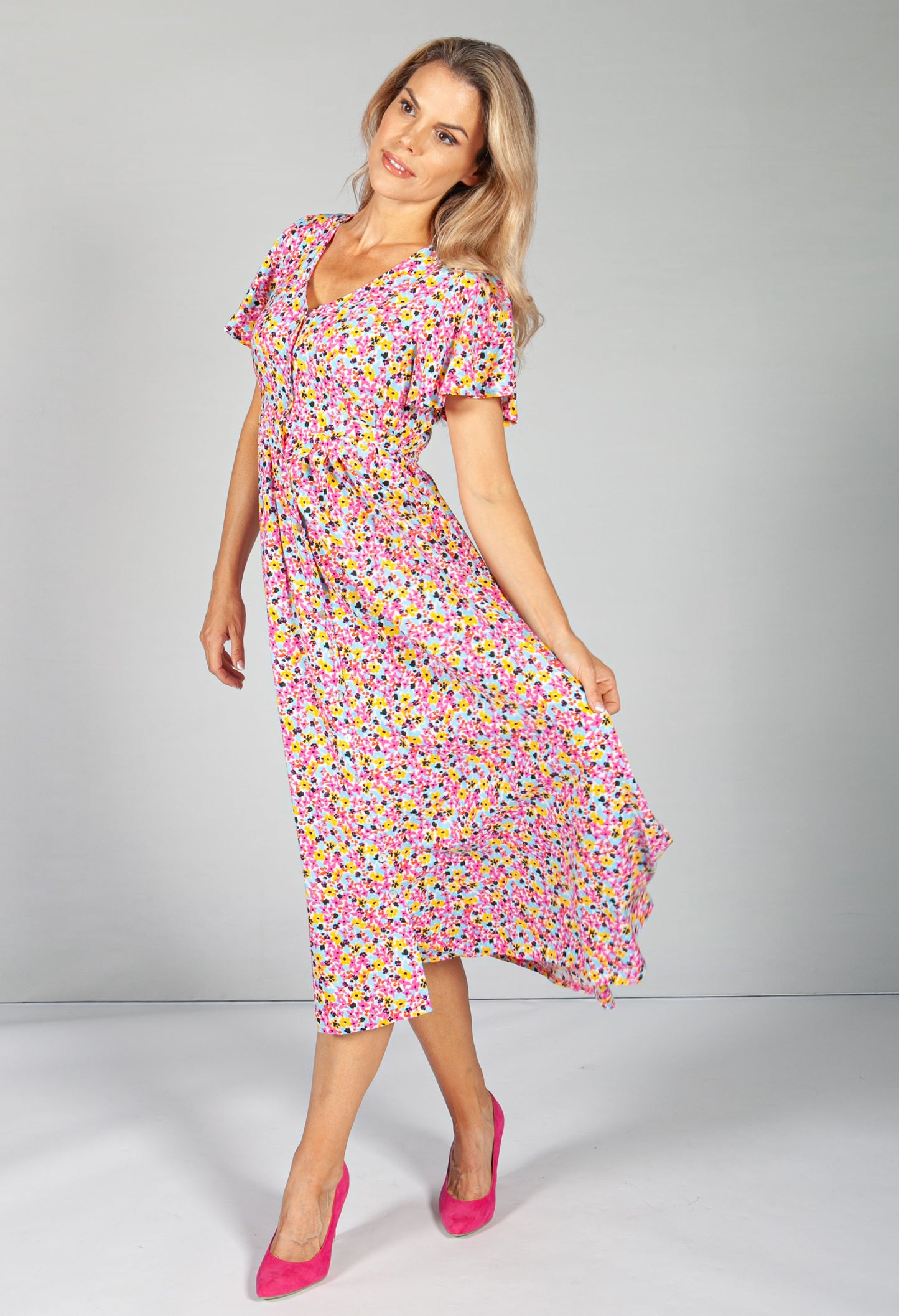 Button Through Flower Pop Dress in Pink