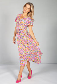 Button Through Flower Pop Dress in Pink