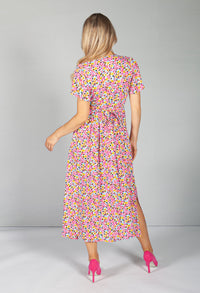 Button Through Flower Pop Dress in Pink