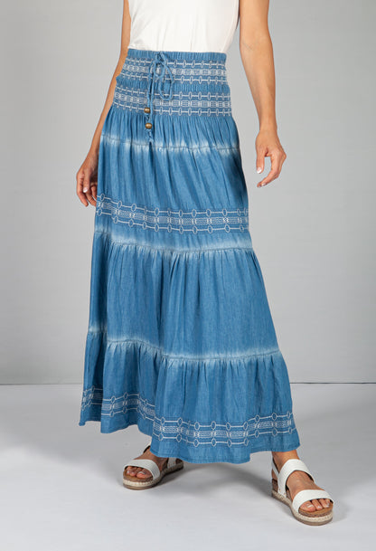 Multi-Wear Boho Denim Skirt with White Stitching