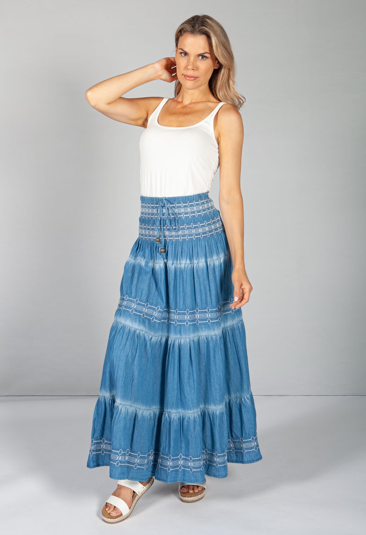 Multi-Wear Boho Denim Skirt with White Stitching