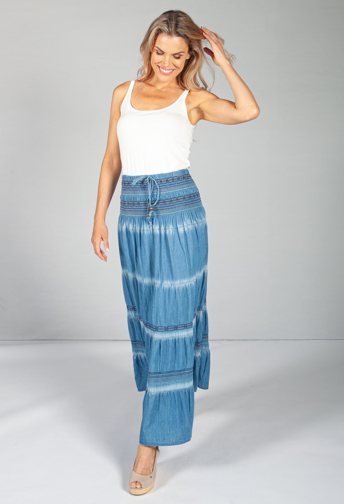 Multi-Wear Boho Denim Skirt with Tan Stitching