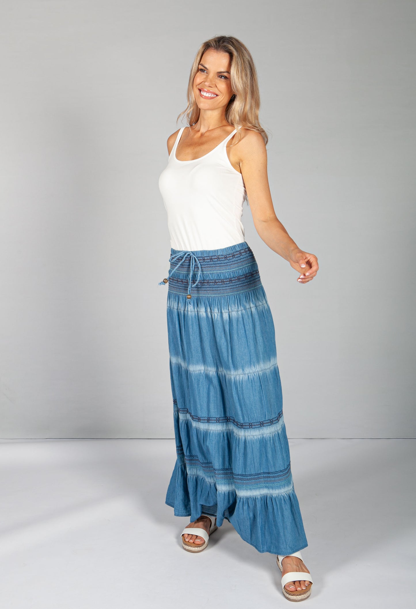 Multi-Wear Boho Denim Skirt with Tan Stitching