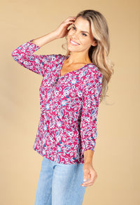 Wine Floral Print Top with Necklace Detail