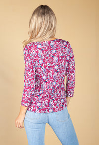 Wine Floral Print Top with Necklace Detail