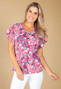 Fuchsia Floral Print Top with Necklace Detail