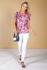 Fuchsia Floral Print Top with Necklace Detail