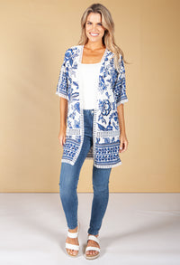 Floral Print Kimono Style Cardigan in Navy and Off-White