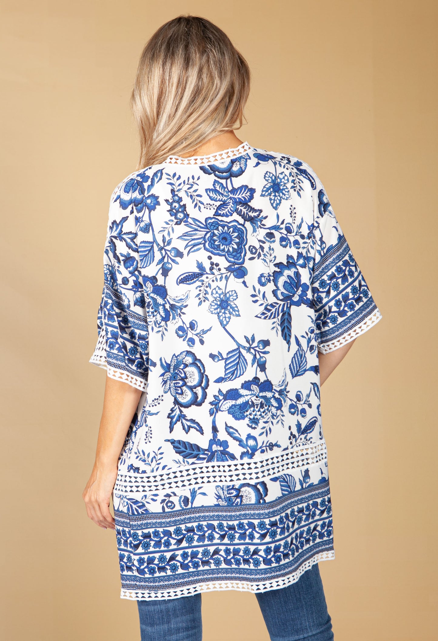 Floral Print Kimono Style Cardigan in Navy and Off-White