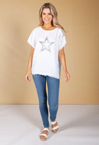 Embroidered Sequin Star Top in White