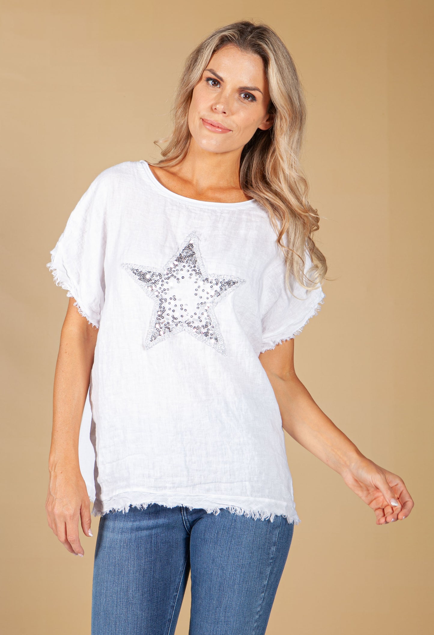 Embroidered Sequin Star Top in White