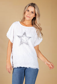 Embroidered Sequin Star Top in White