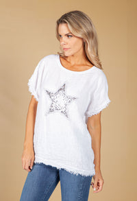 Embroidered Sequin Star Top in White