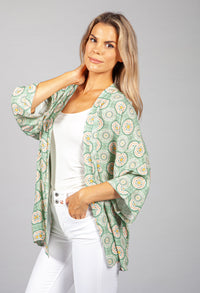 PAMELA SCOTT VINTAGE PRINT KIMONO STYLE CARDIGAN IN OLIVE