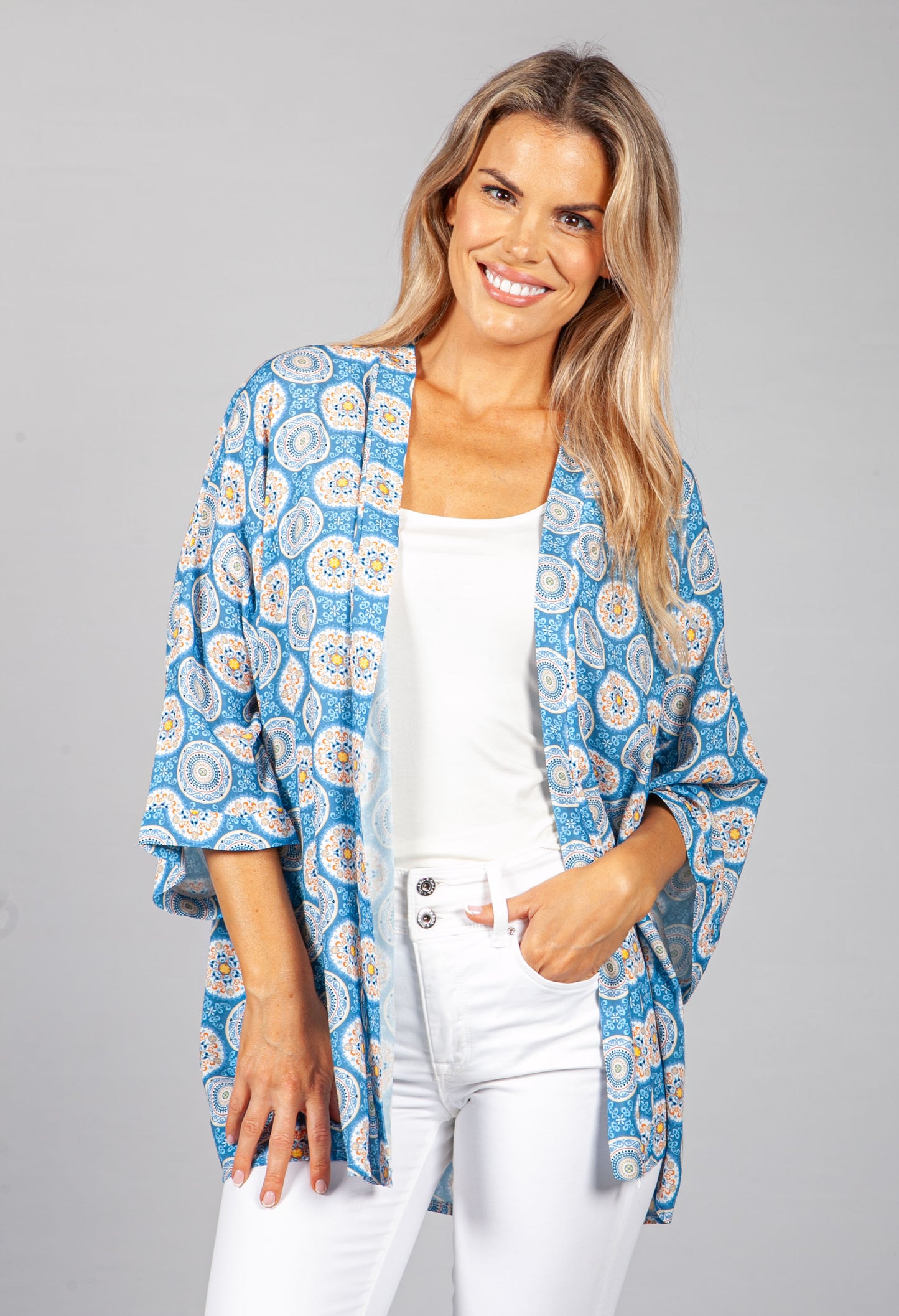 PAMELA SCOTT VINTAGE PRINT KIMONO STYLE CARDIGAN IN BLUE