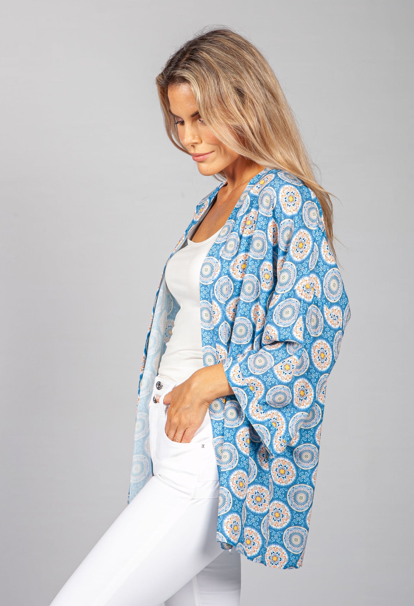 PAMELA SCOTT VINTAGE PRINT KIMONO STYLE CARDIGAN IN BLUE