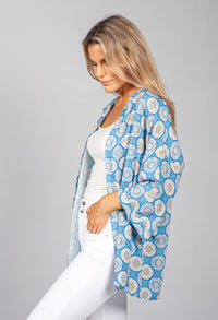 PAMELA SCOTT VINTAGE PRINT KIMONO STYLE CARDIGAN IN BLUE