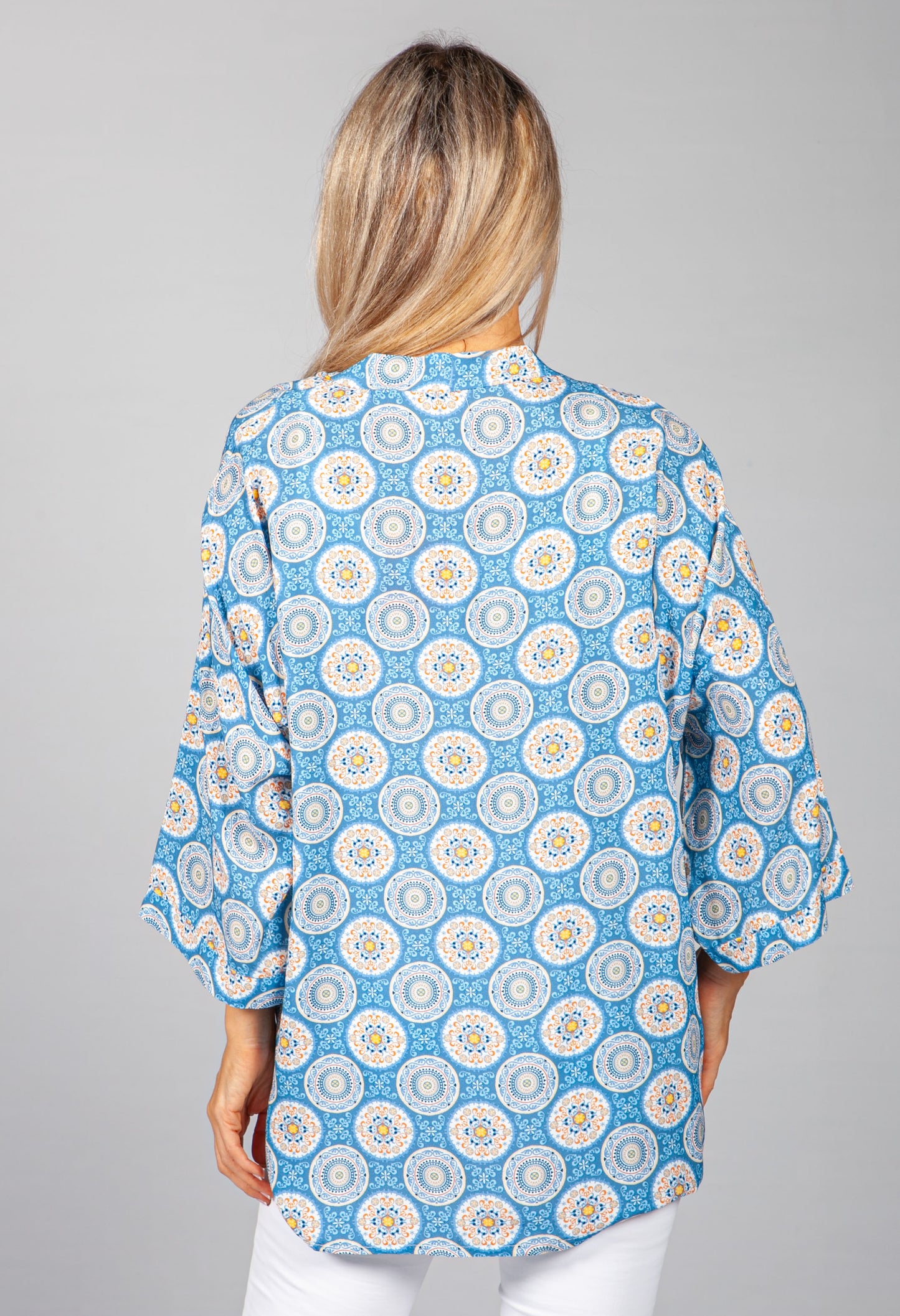 PAMELA SCOTT VINTAGE PRINT KIMONO STYLE CARDIGAN IN BLUE