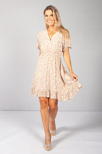 Beige Floral V-Neck Dress