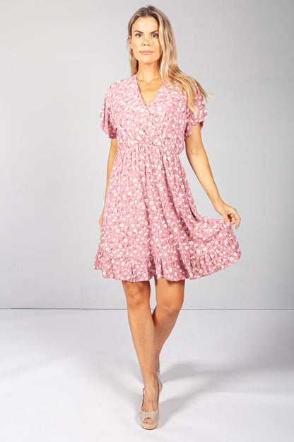 Pink Floral V-Neck Dress