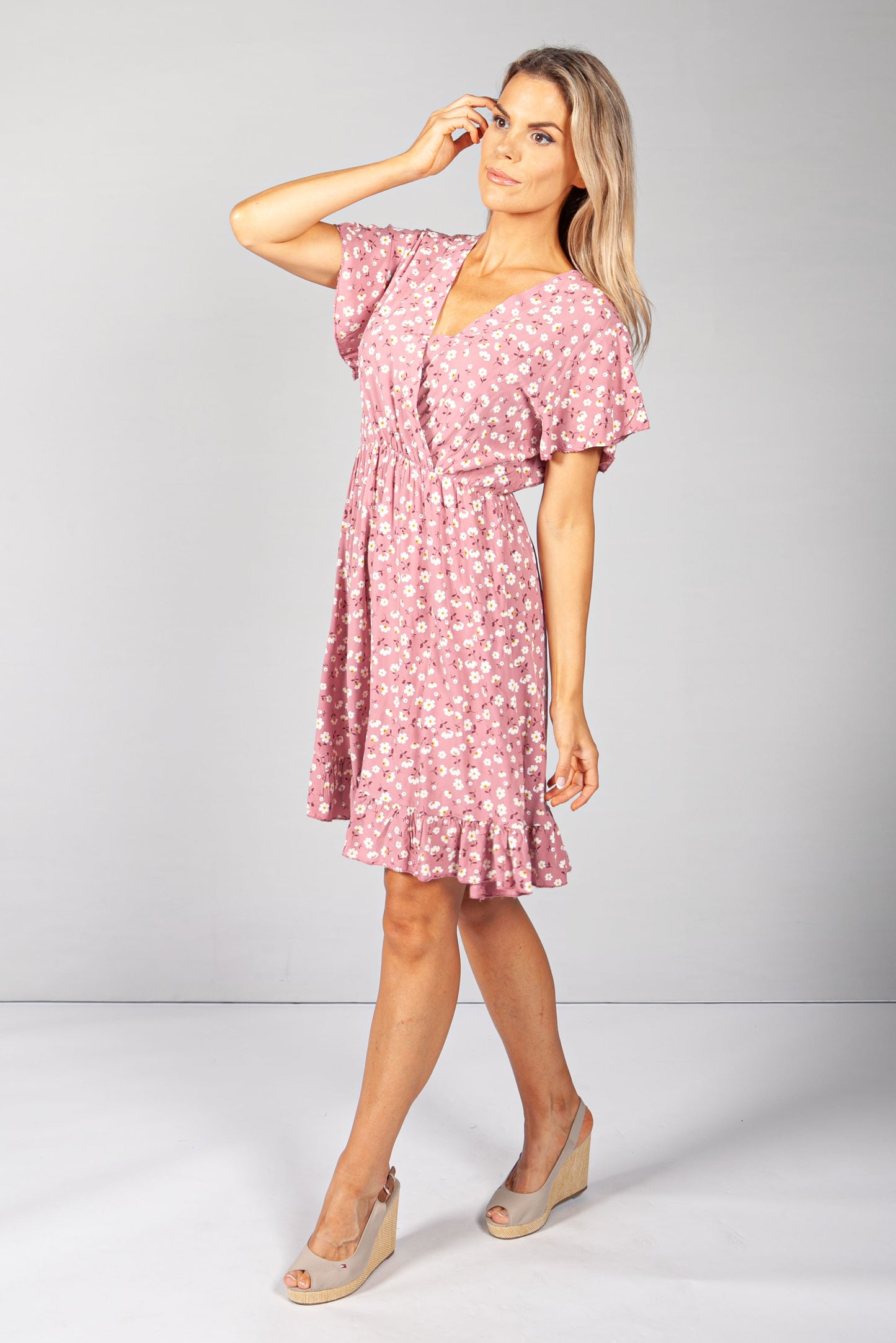 Pink Floral V-Neck Dress