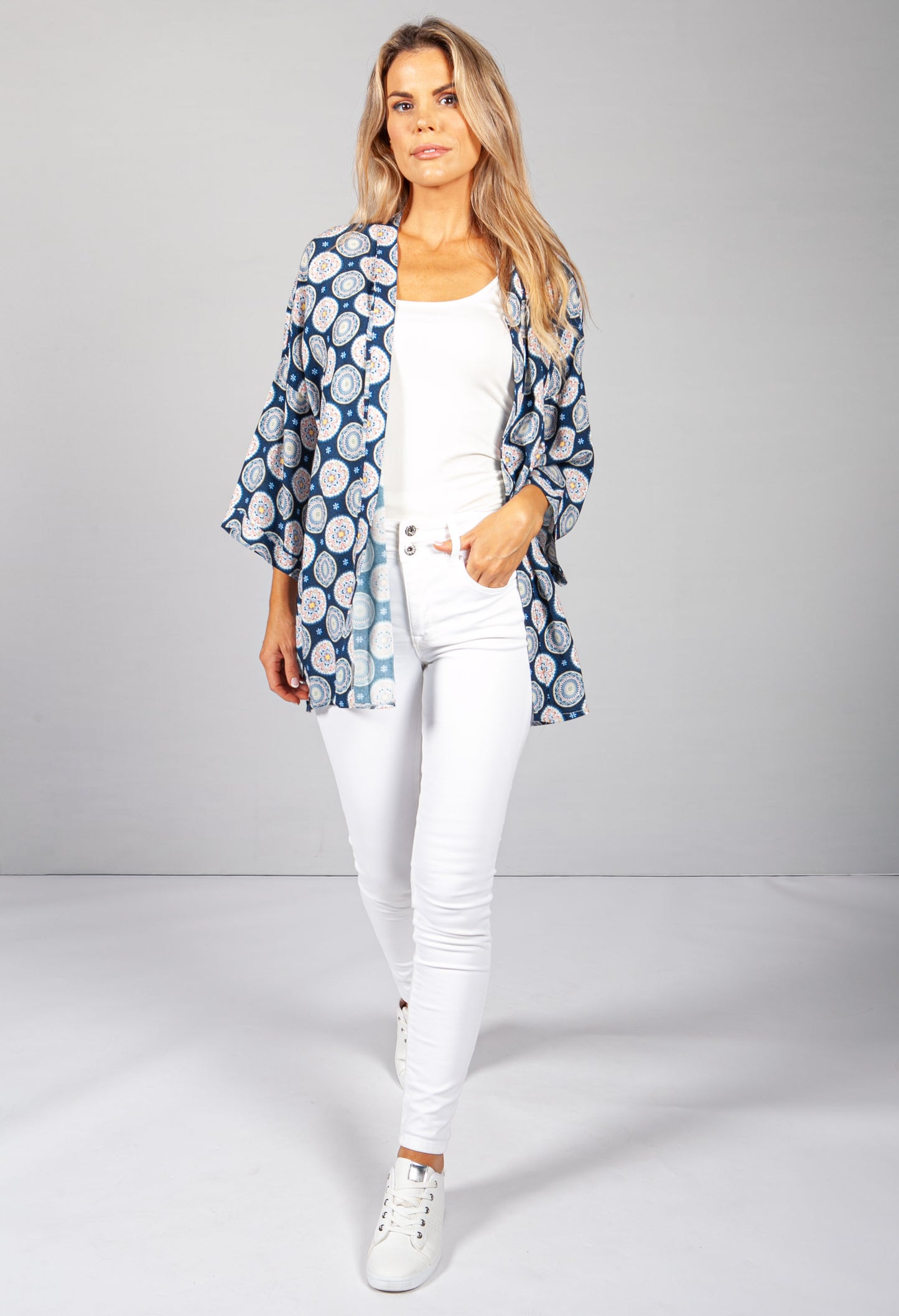 PAMELA SCOTT VINTAGE PRINT KIMONO STYLE CARDIGAN IN NAVY