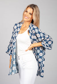 PAMELA SCOTT VINTAGE PRINT KIMONO STYLE CARDIGAN IN NAVY