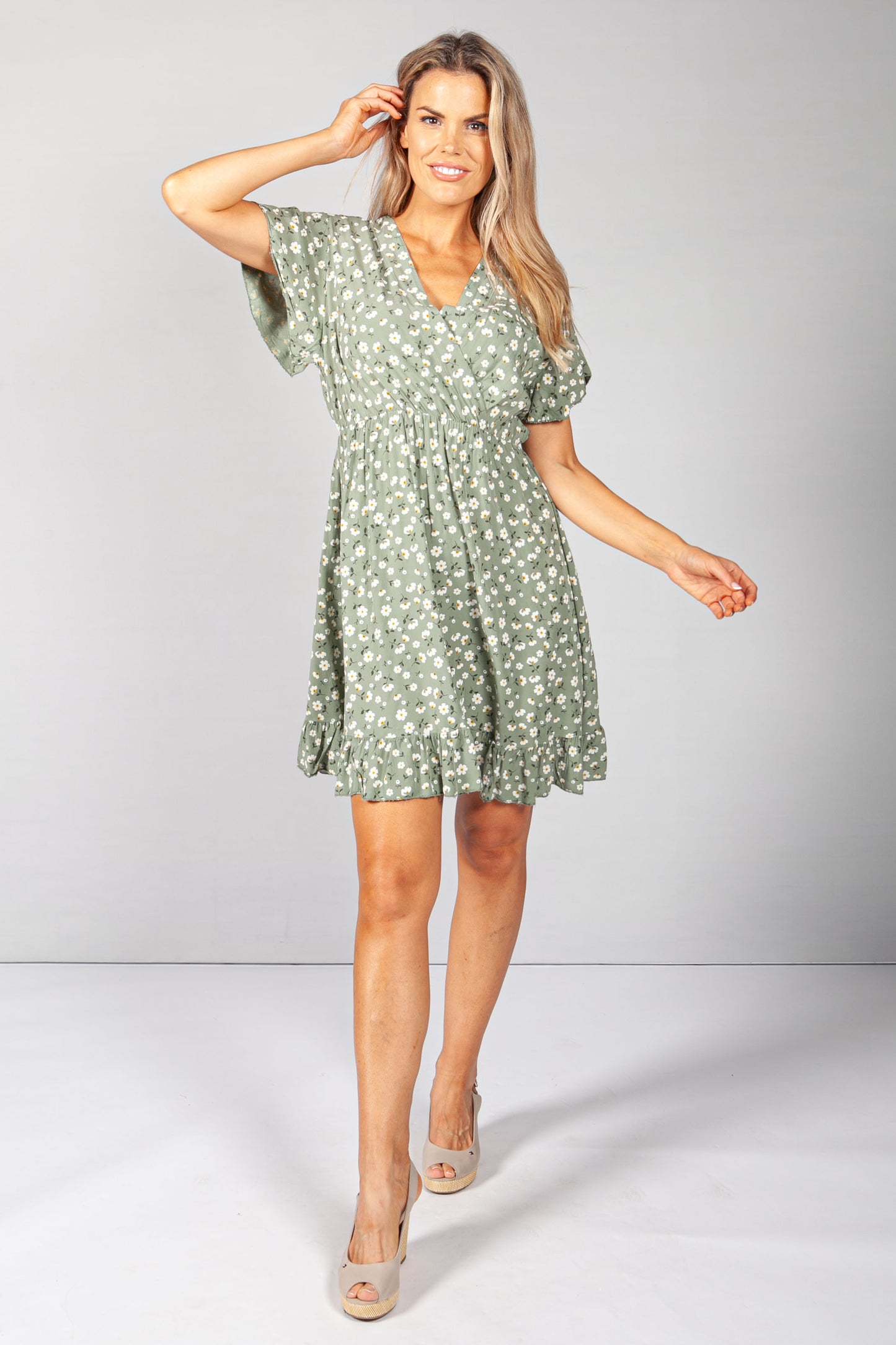 Khaki Floral V-Neck Dress