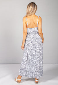 Strappy Printed Midi Dress in White/Navy