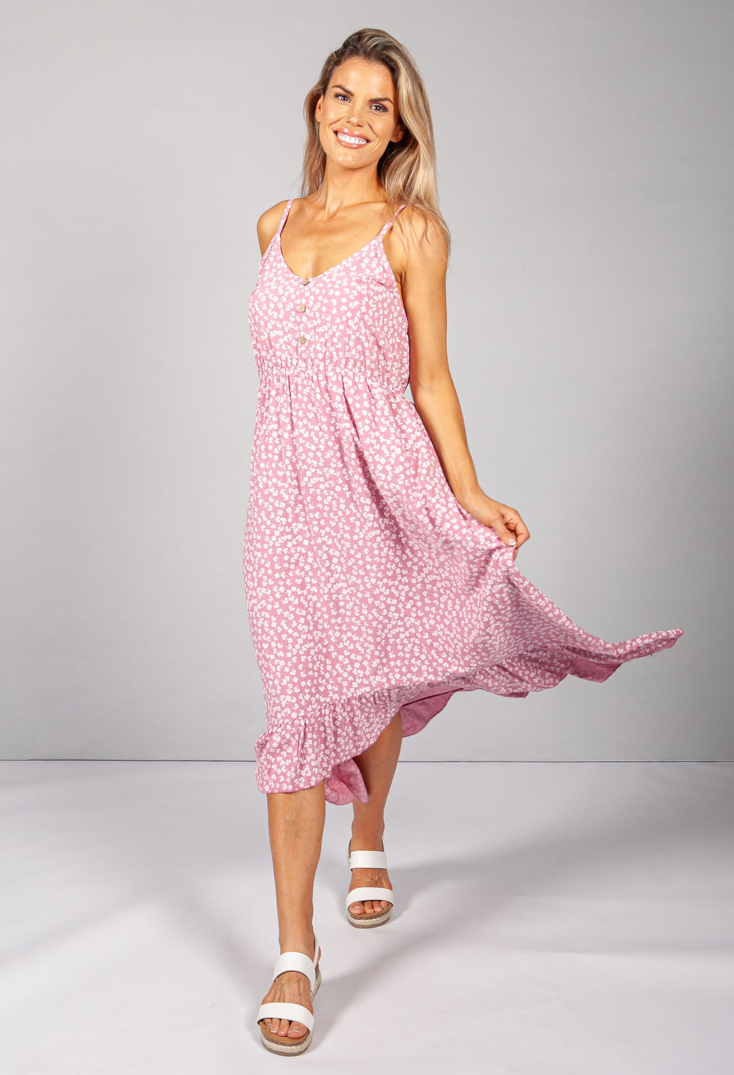 Strappy Printed Midi Dress in Pink