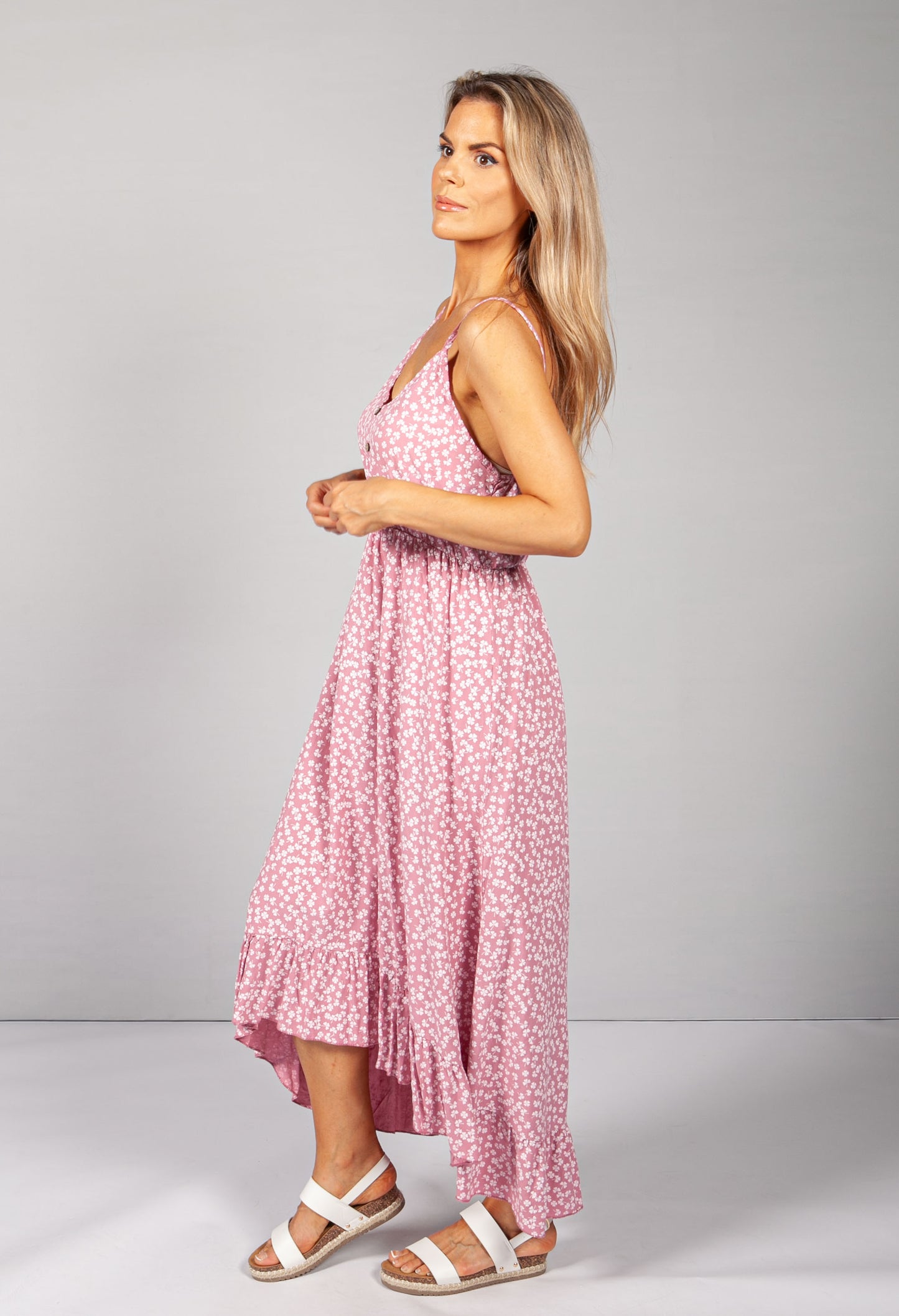 Strappy Printed Midi Dress in Pink