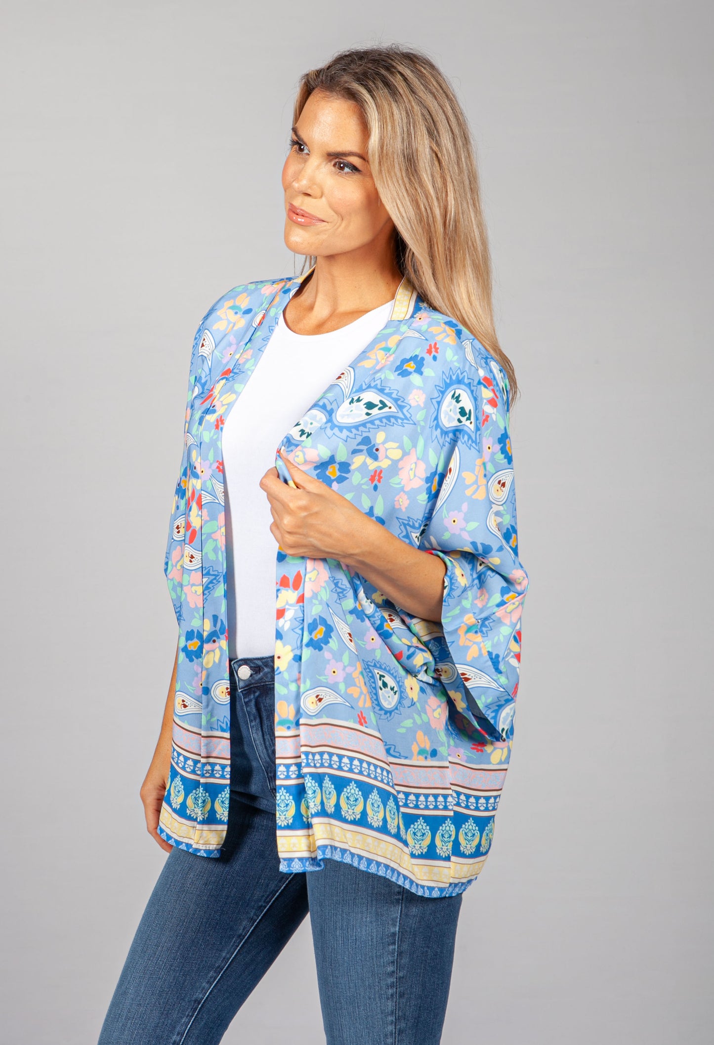 PAMELA SCOTT PAISLEY KIMONO STYLE CARDIGAN IN BABY BLUE