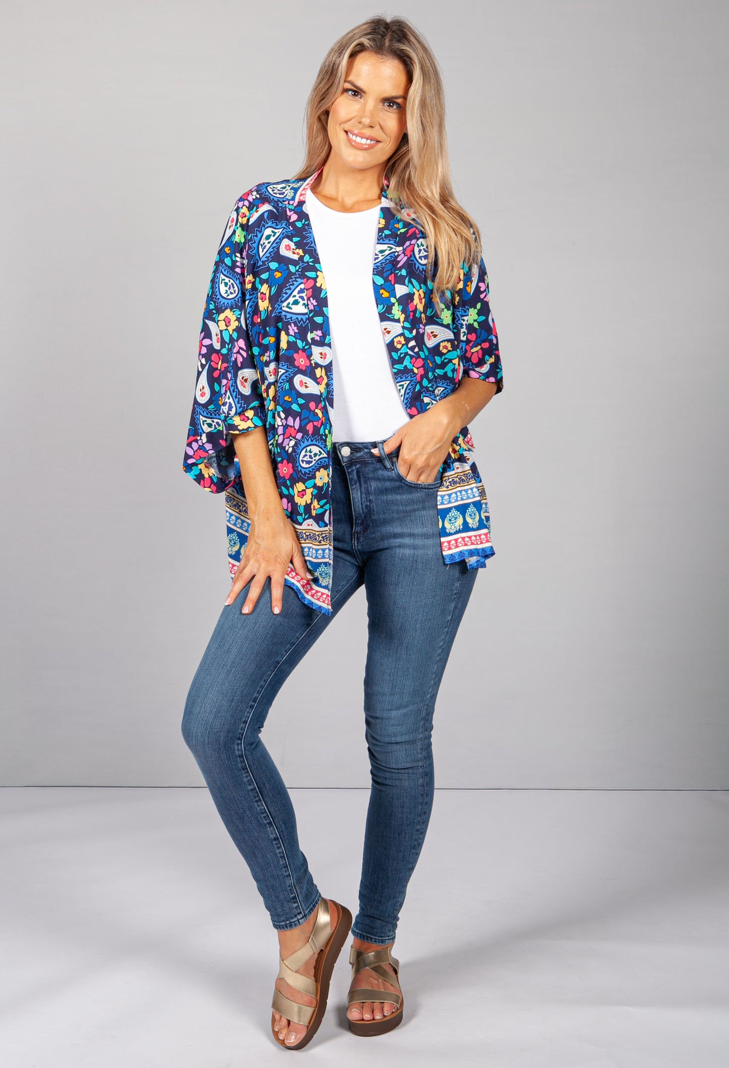 PAMELA SCOTT PAISLEY KIMONO STYLE CARDIGAN IN NAVY