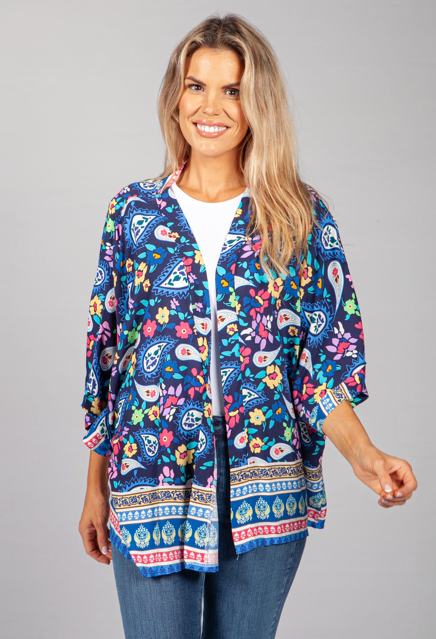 PAMELA SCOTT PAISLEY KIMONO STYLE CARDIGAN IN NAVY