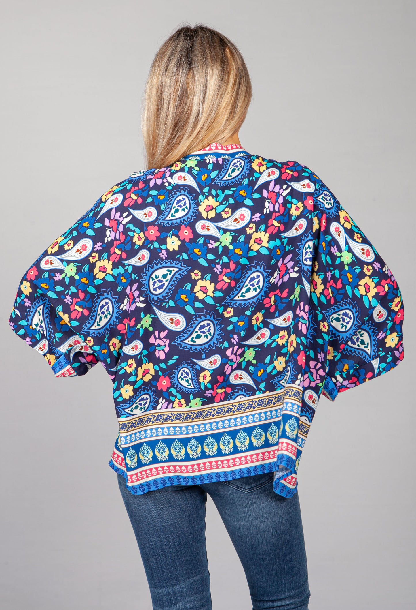 PAMELA SCOTT PAISLEY KIMONO STYLE CARDIGAN IN NAVY