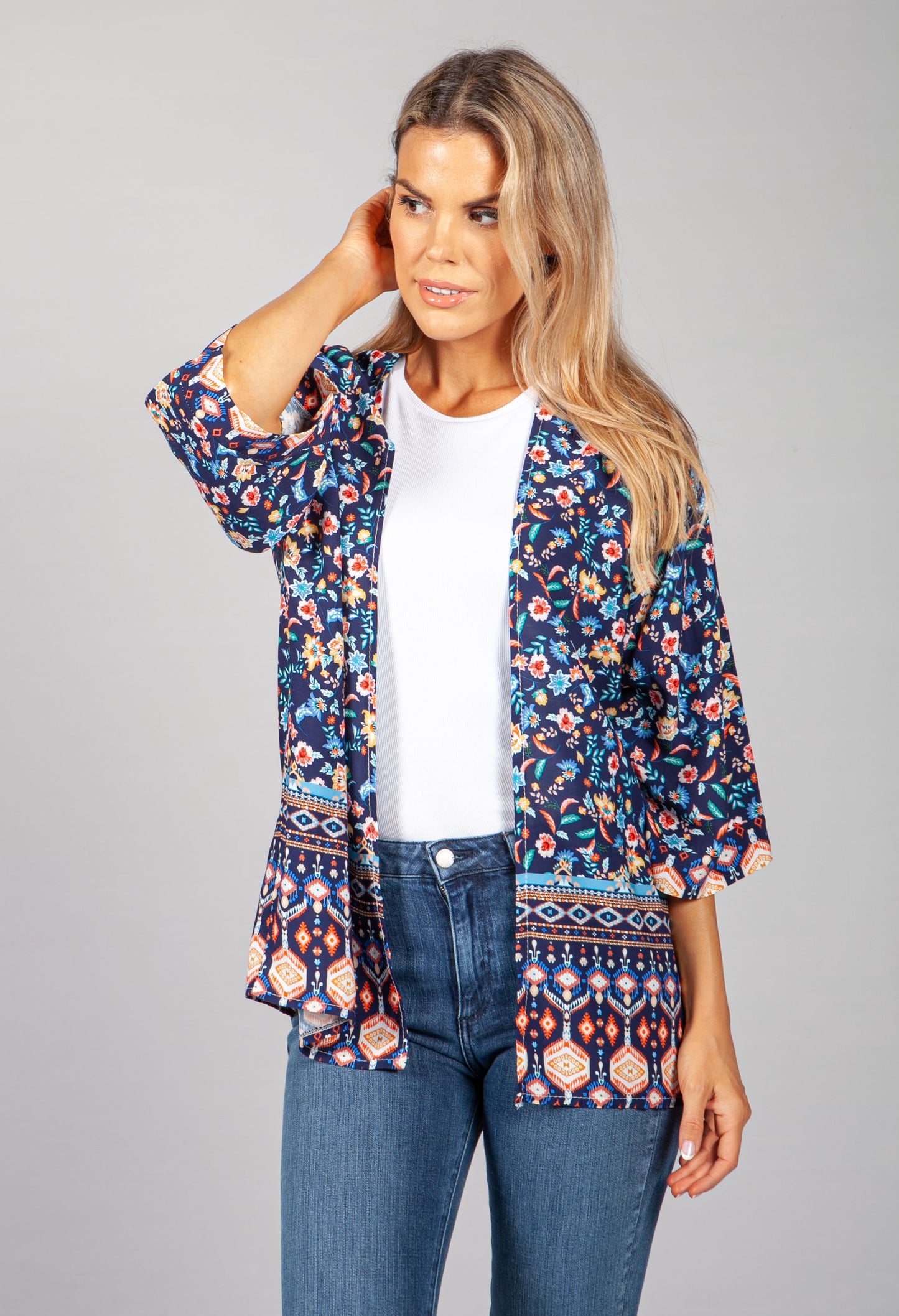 PAMELA SCOTT FLORAL KIMONO STYLE CARDIGAN IN NAVY