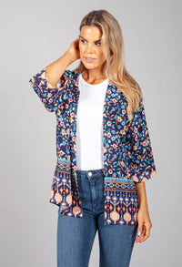 PAMELA SCOTT FLORAL KIMONO STYLE CARDIGAN IN NAVY