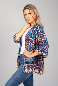 PAMELA SCOTT FLORAL KIMONO STYLE CARDIGAN IN NAVY