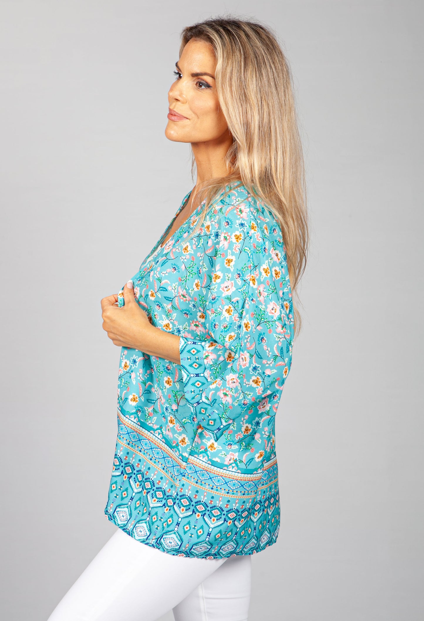 PAMELA SCOTT FLORAL KIMONO STYLE CARDIGAN IN TURQUOISE