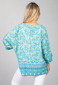 PAMELA SCOTT FLORAL KIMONO STYLE CARDIGAN IN TURQUOISE