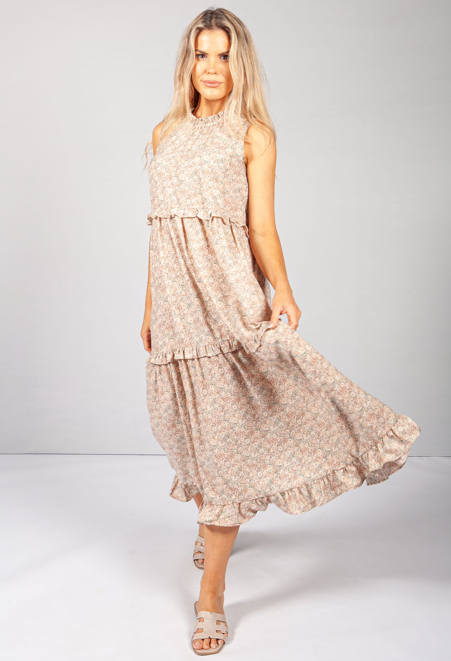 Beige Print Ruffle Tiered Dress