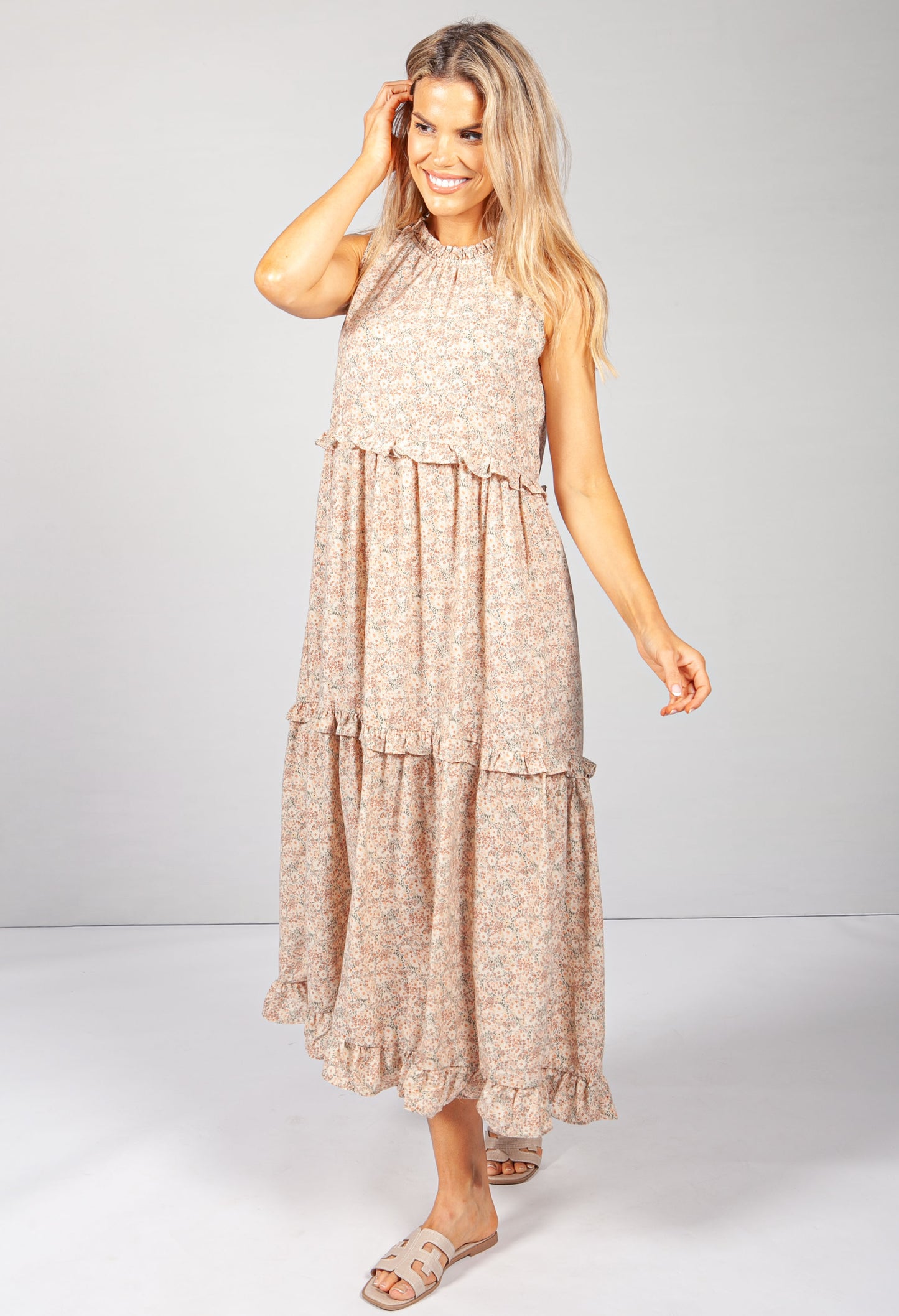 Beige Print Ruffle Tiered Dress