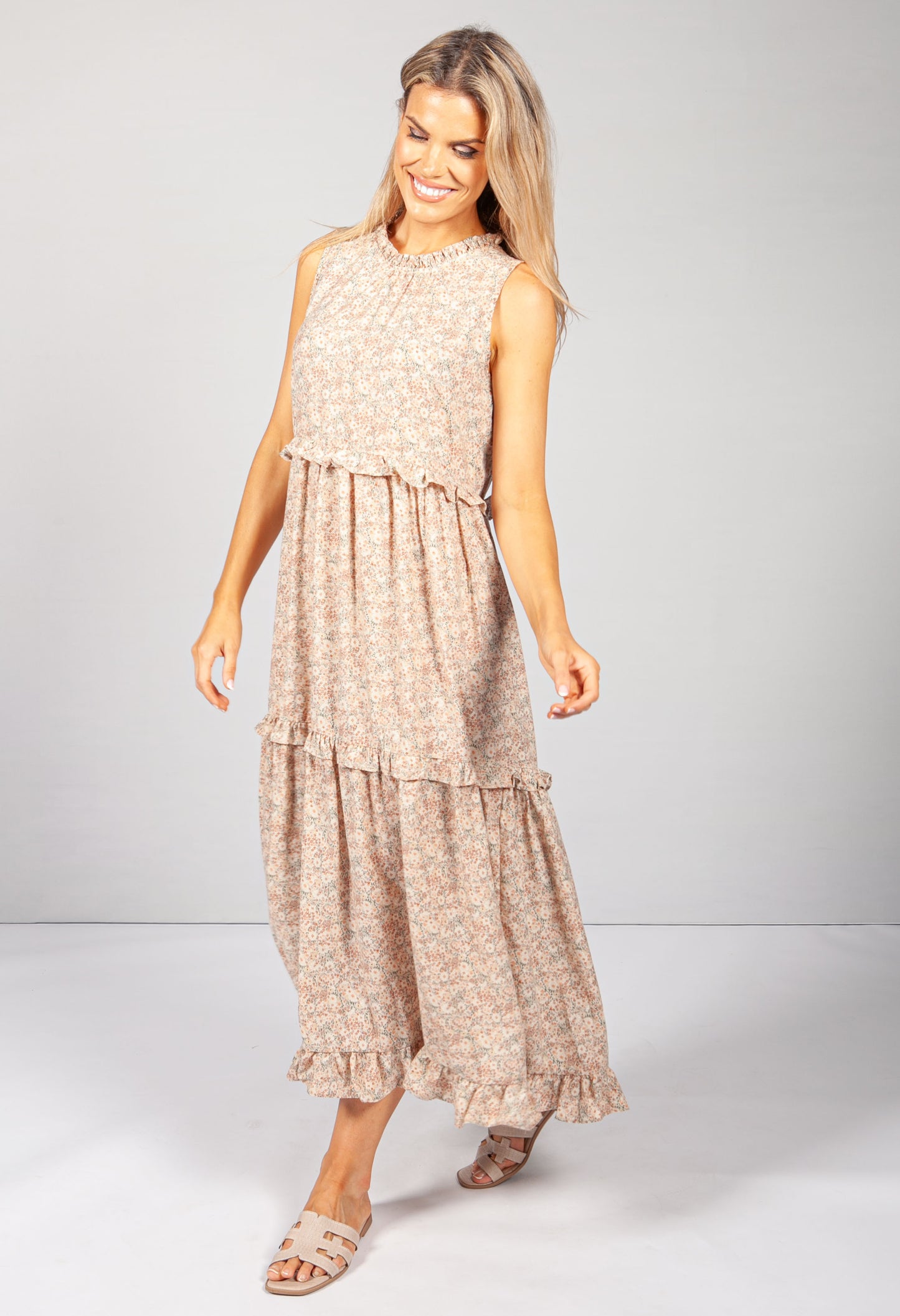 Beige Print Ruffle Tiered Dress