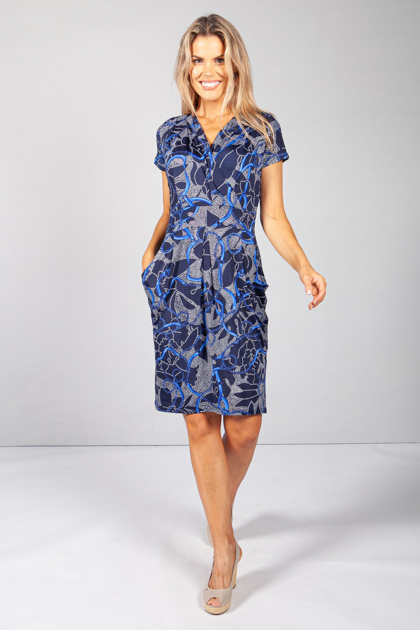 Royal Blue Print V-Neck Dress