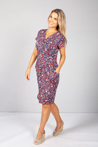 Navy & Red Vine Floral Print Dress