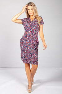 Navy & Red Vine Floral Print Dress