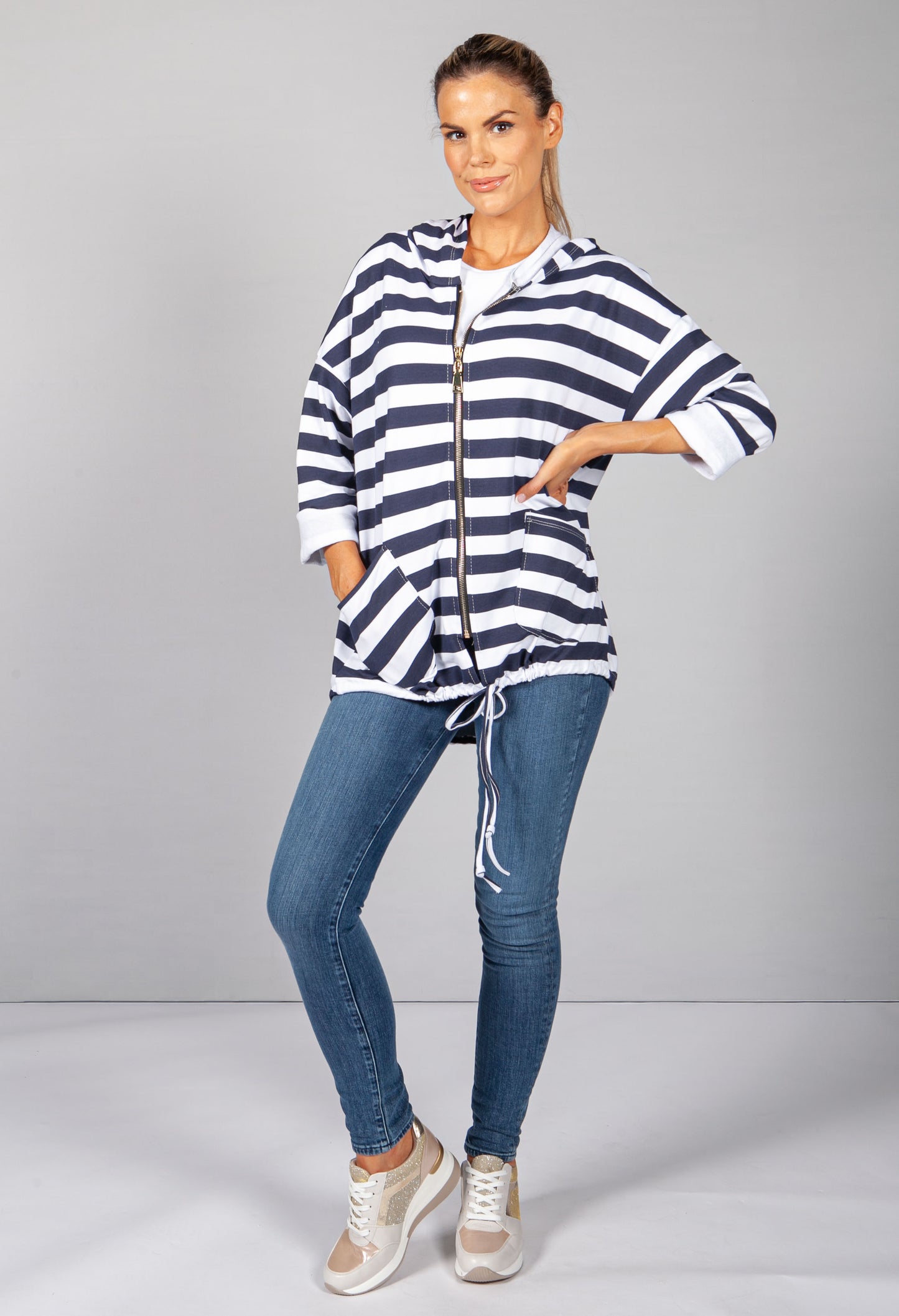 Navy & White Striped Zip Up Hoodie