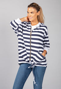 Navy & White Striped Zip Up Hoodie