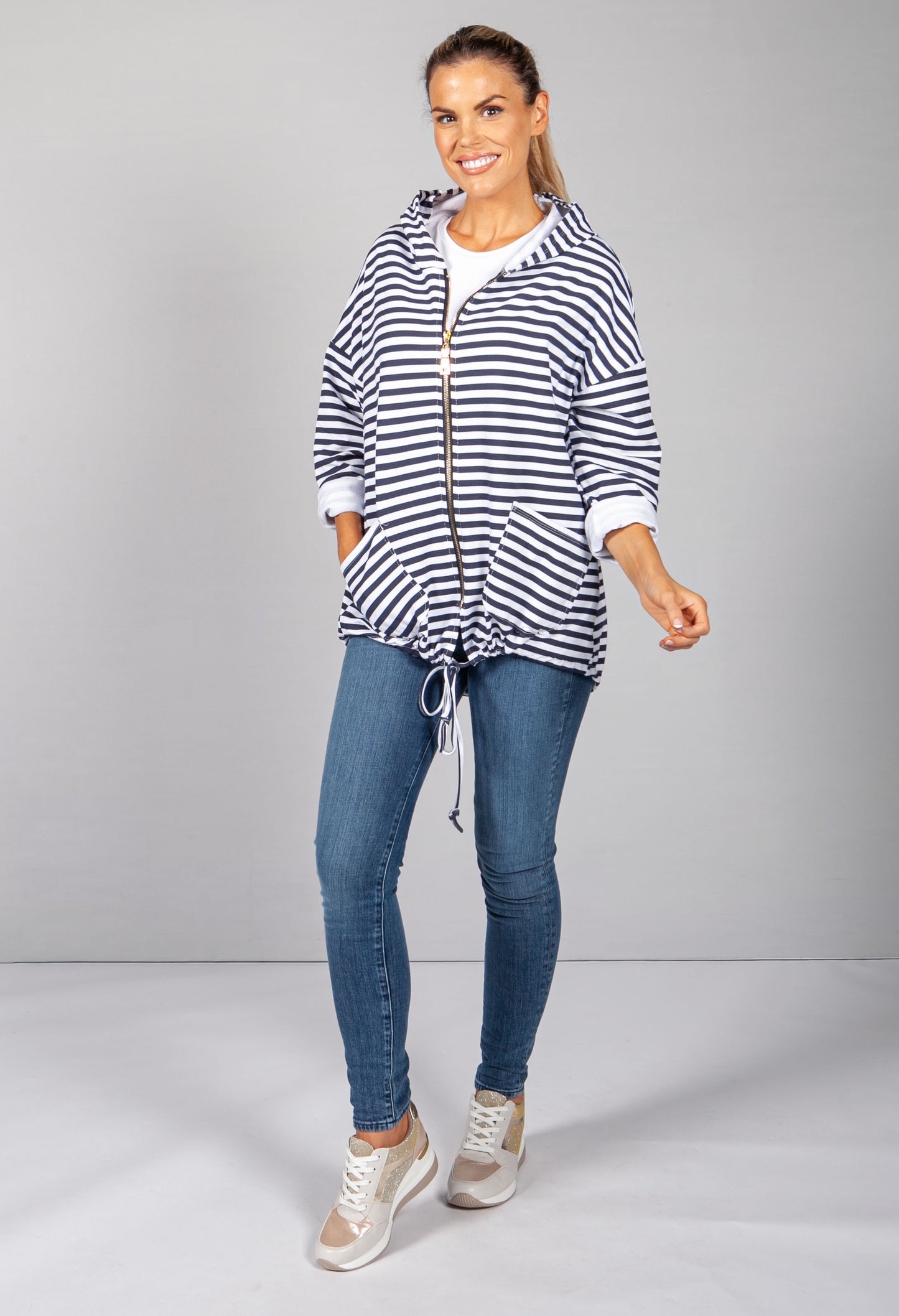 PAMELA SCOTT NAVY & WHITE NARROW STRIPED ZIP UP HOODIE