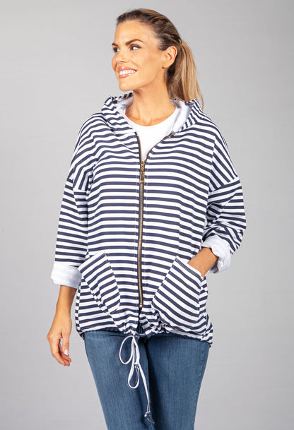 PAMELA SCOTT NAVY & WHITE NARROW STRIPED ZIP UP HOODIE